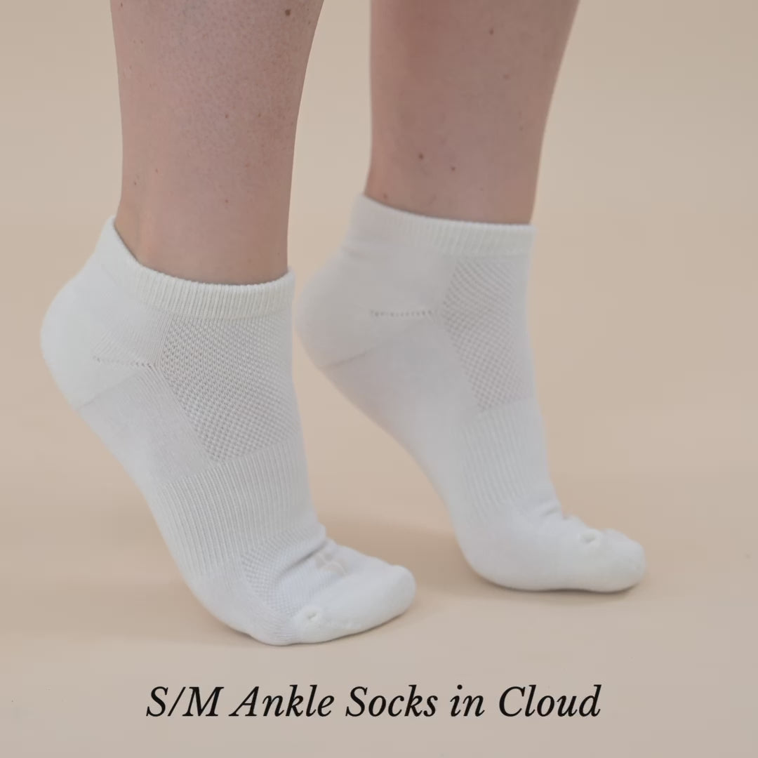 Video of Woman wearing Kyte Baby Women's Ankle Socks in Cloud white