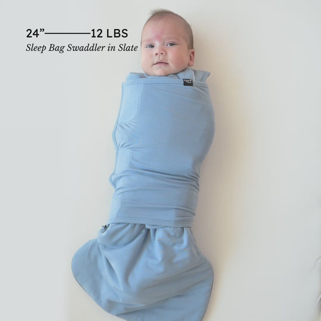 Video of a baby swaddled in the Sleep Bag Swaddler in Slate 1.0
