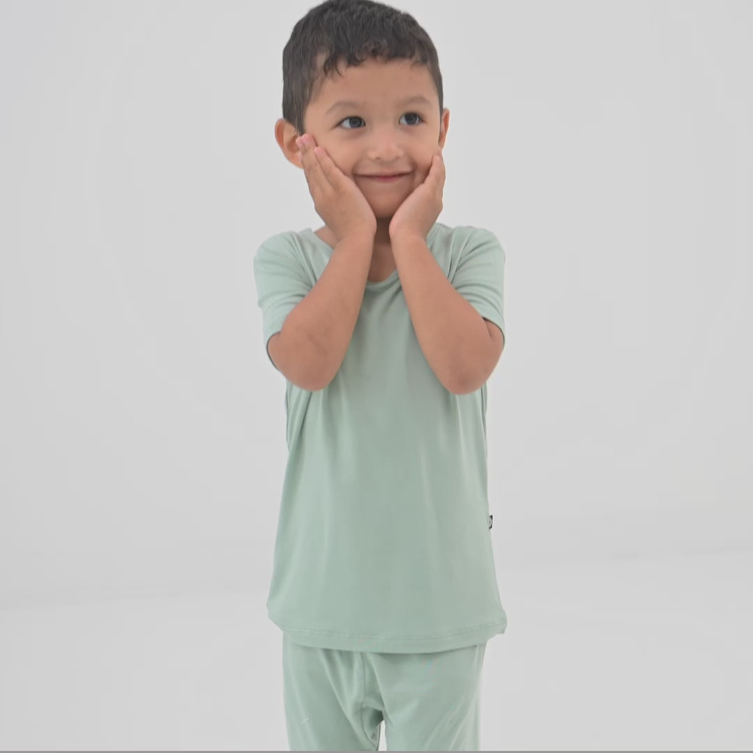 Video of Child wearing Short Sleeve Kids PJs in Sage Green