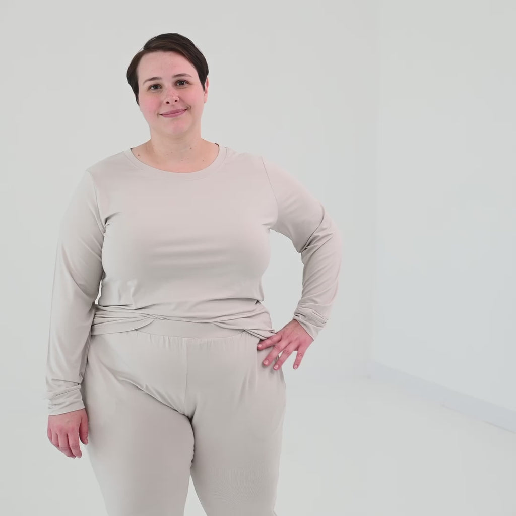 Video of Woman wearing Women's Jogger Pajama Set in Oat