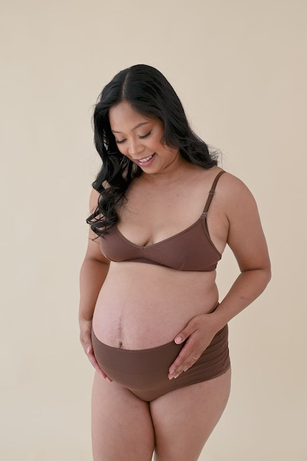 Video of expectant mother wearing the Women's Nursing Bra in Latte with matching underwear