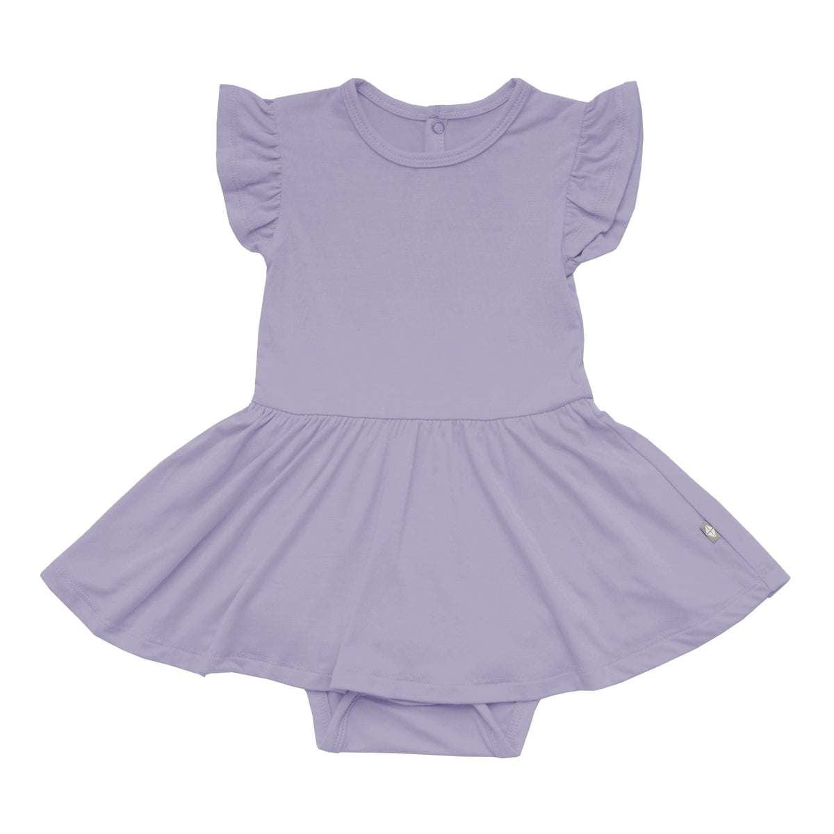 Flat lay of Kyte Baby Twirl Bodysuit Dress in Taro 