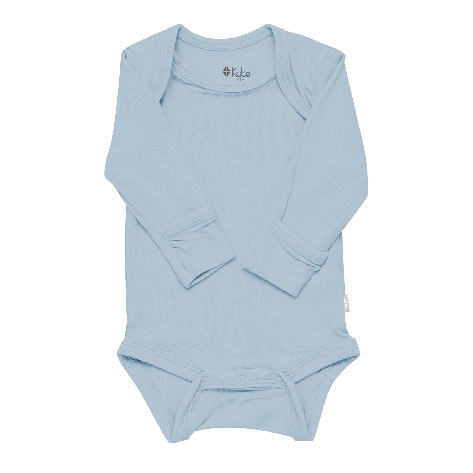 Flat lay of Kyte Baby Long Sleeve Bodysuit in Fog with fold over cuffs