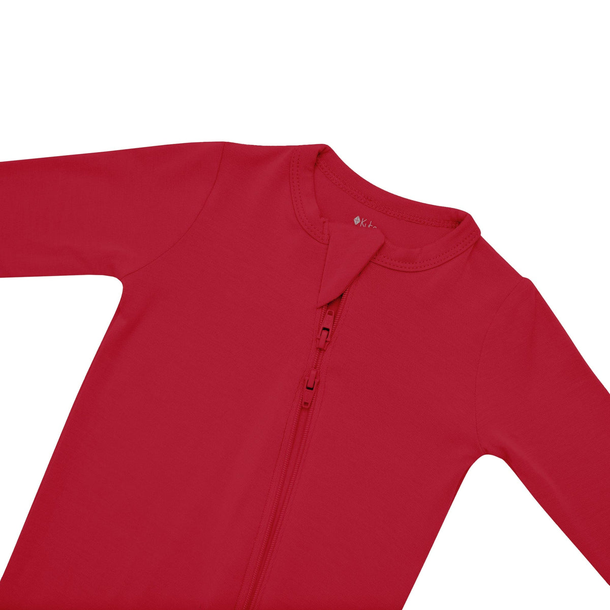 Zipper garage on Kyte Baby Zippered Footie in Cardinal